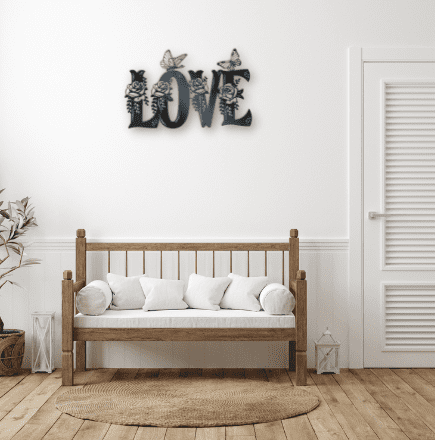 Metal Wall Decor of word Love with roses and butterfly's