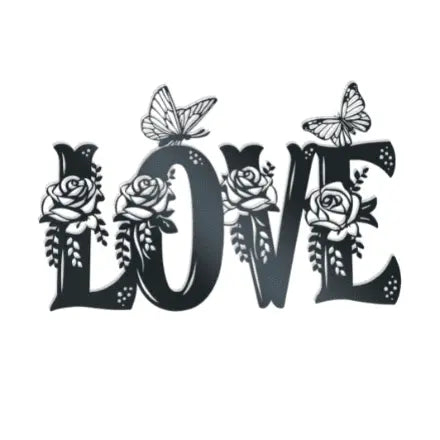 Metal Wall Decor of word Love with roses and butterfly's
