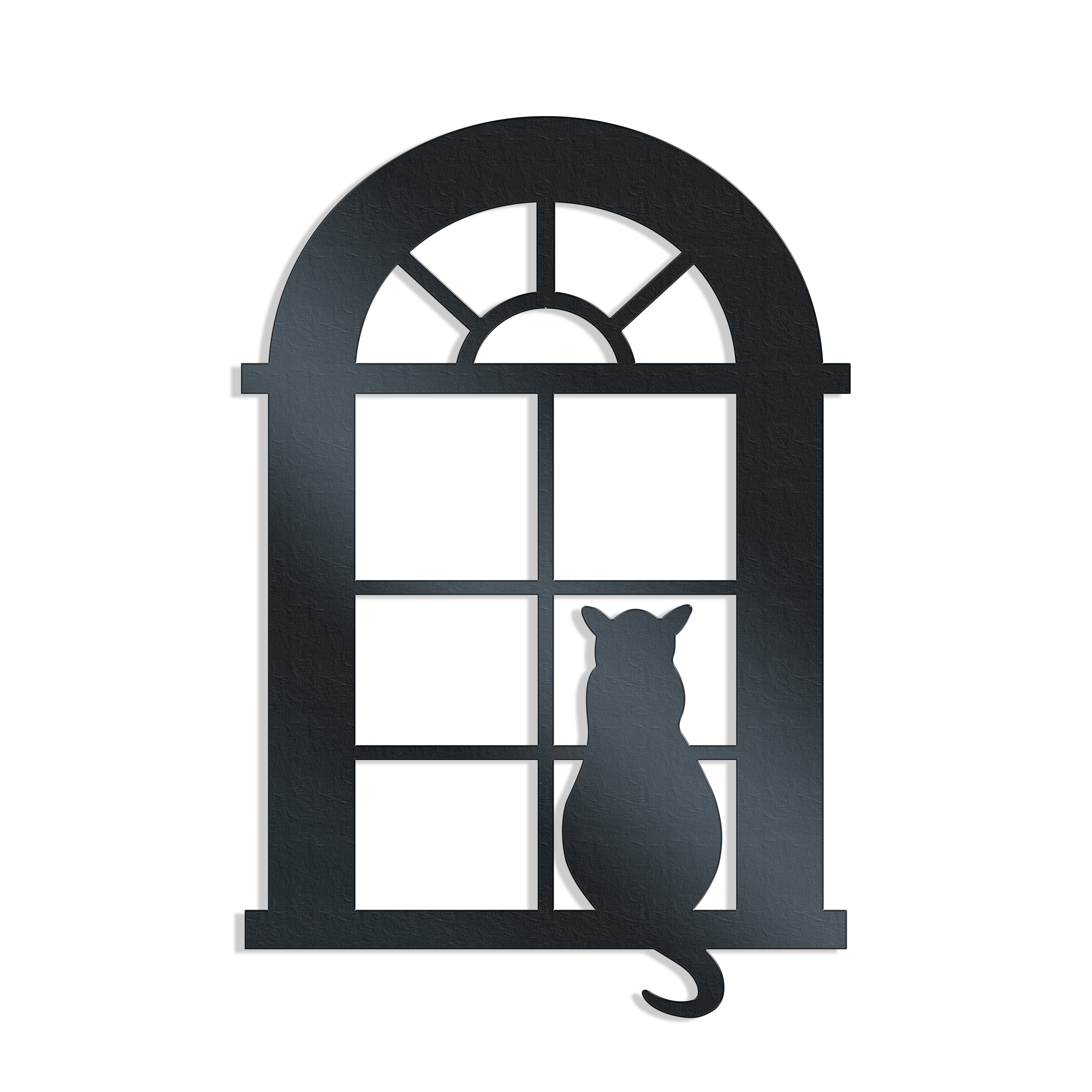 Metal wall decor showing a cat sitting and looking out of an arched window