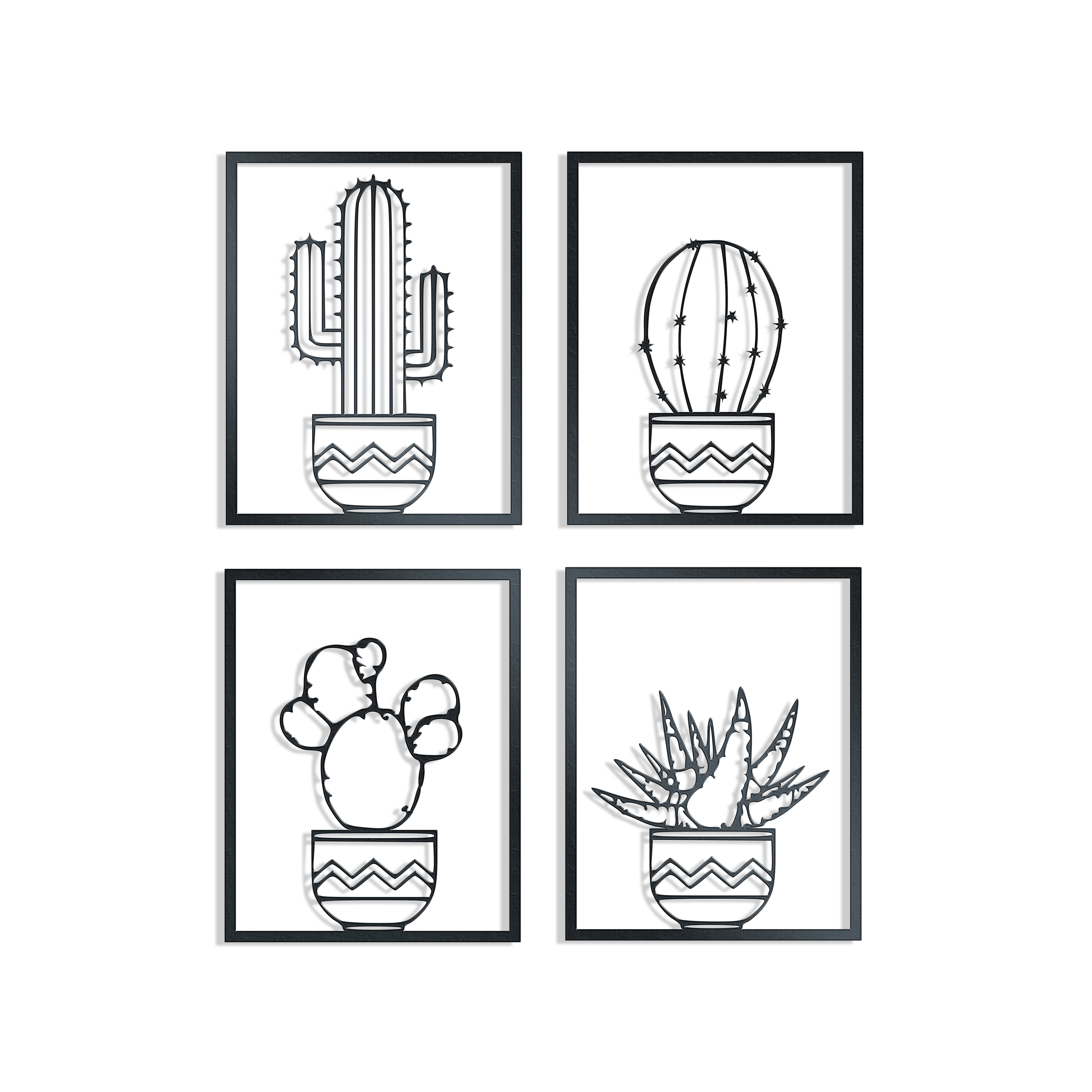 Set of Four cacti metal wall decorations in frames, allows you to create a display on any wall in your home. stunning detailed designs.