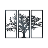 Metal wall decor of a tree in three panels creating a large impact on any wall. Each panel is framed and sits away from the wall so a 3D shadow effect is created onto the wall behind