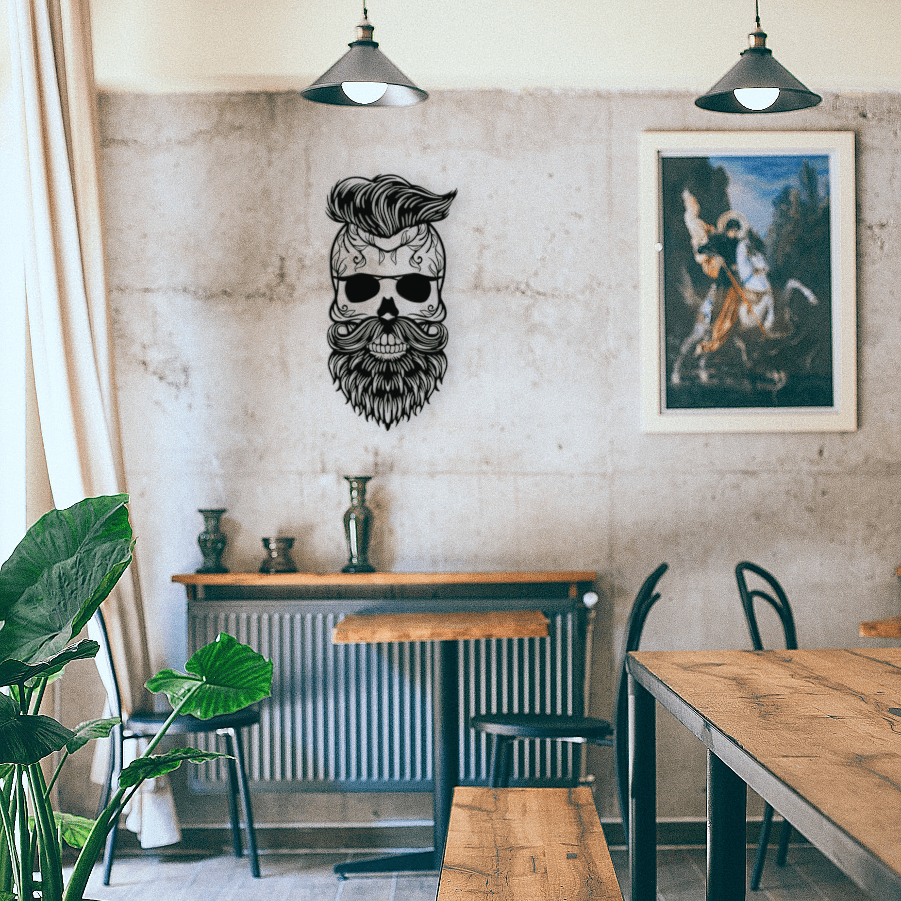 Bearded skull face with sunglasses, gothic, biker, barber, tattoo parlour