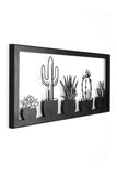 cMetall wall decor showing five types of cacti in a frame, cut with great detail and gives a 3D effect on the wall behind